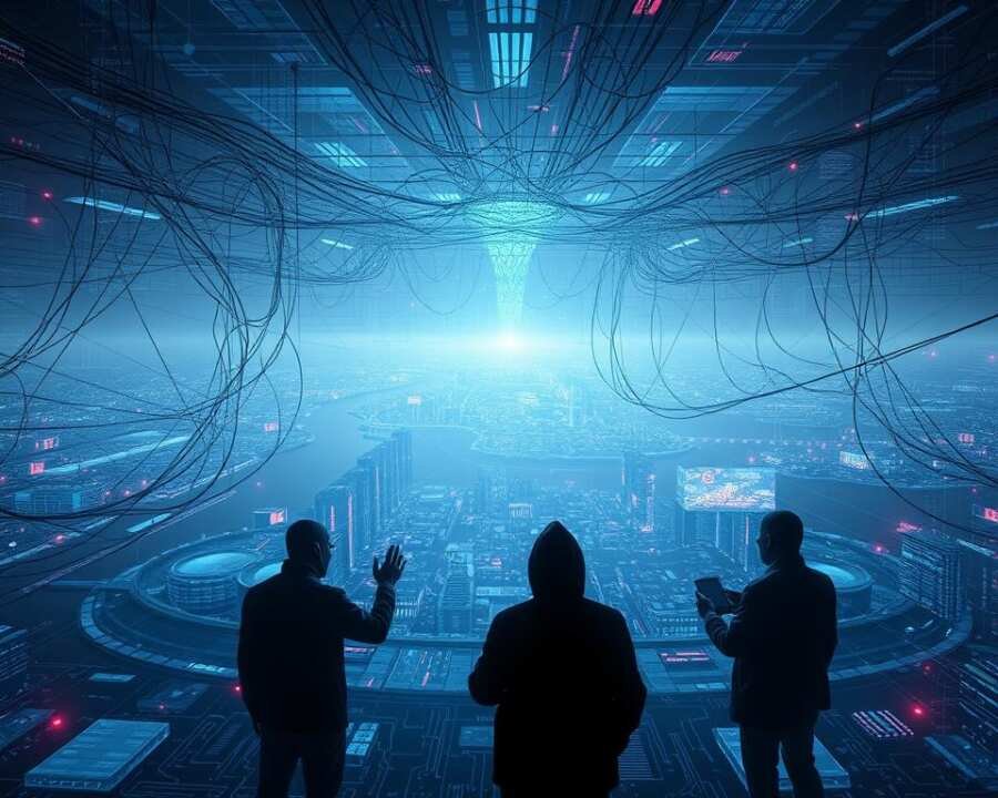 A vast cybersphere dominates the Korean peninsula, a tapestry of digital activity and subterfuge. In the foreground, a complex web of interconnected nodes and conduits represents the intricate infrastructure of Kimsuky's hacking operations. Shadowy figures, their identities obscured, manipulate this digital landscape, their fingers dancing across holographic interfaces. The middle ground depicts a maelstrom of binary code, encryption algorithms, and data streams, reflecting the group's advanced technical capabilities. In the background, a panoramic view of the Korean landmass emerges, its borders blurred by the pervasive digital fog, symbolizing the group's far-reaching influence and the elusive nature of their origins and affiliations. Dramatic lighting casts an ominous glow, heightening the sense of mystery and power surrounding the Kimsuky collective. A vast cybersphere dominates the Korean peninsula, a tapestry of digital activity and subterfuge. In the foreground, a complex web of interconnected nodes and conduits represents the intricate infrastructure of Kimsuky's hacking operations. Shadowy figures, their identities obscured, manipulate this digital landscape, their fingers dancing across holographic interfaces. The middle ground depicts a maelstrom of binary code, encryption algorithms, and data streams, reflecting the group's advanced technical capabilities. In the background, a panoramic view of the Korean landmass emerges, its borders blurred by the pervasive digital fog, symbolizing the group's far-reaching influence and the elusive nature of their origins and affiliations. Dramatic lighting casts an ominous glow, heightening the sense of mystery and power surrounding the Kimsuky collective.