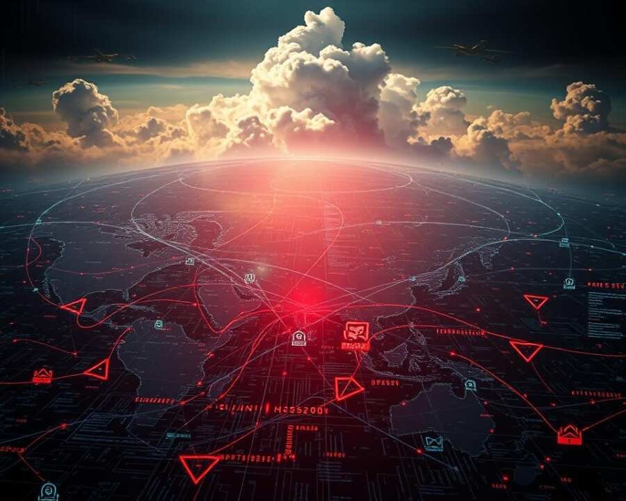 A vast digital landscape, a fusion of geopolitical forces converging. In the foreground, a network of data streams and cybersecurity symbols, pulsing with the energy of global power struggles. The middle ground depicts a world map, its boundaries blurred by the interplay of military insignia, satellite imagery, and encrypted communication channels. In the background, ominous cloud formations loom, hinting at the escalating tensions and the high-stakes game of digital dominance. Dramatic lighting casts sharp shadows, creating a sense of urgency and the weight of strategic decisions. The overall atmosphere conveys the complex, multilayered motivations behind the Mofang hacker group's operations, a tapestry of international influence and technological prowess.