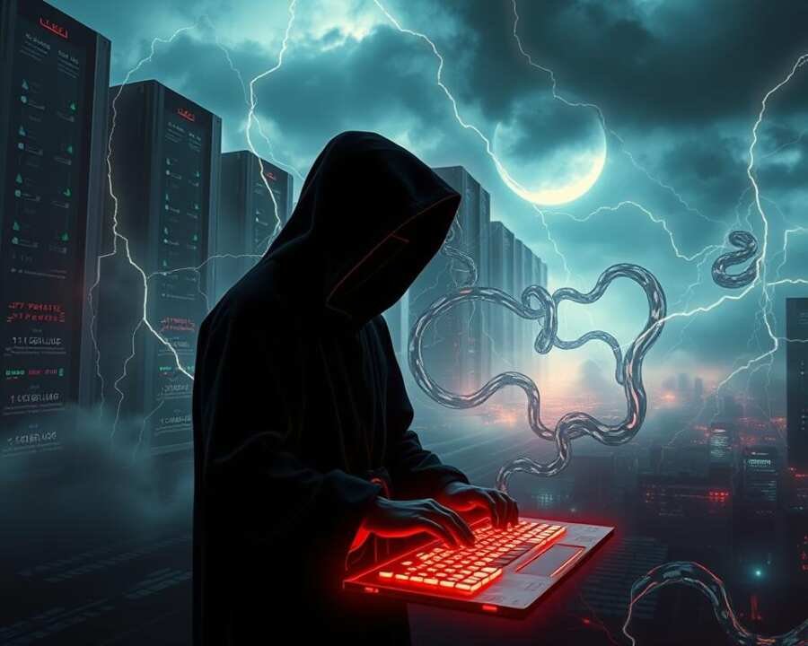 A vast digital landscape shrouded in ominous shadows, where towering cloud servers loom like sentinels against a stormy sky. Glowing tendrils of malicious code snake their way through the infrastructure, probing for vulnerabilities. In the foreground, a lone hacker, cloaked in a hooded robe, types furiously on a holographic keyboard, their face obscured by the glow of the screen. The air crackles with an electric tension, hinting at the unseen dangers that lurk within the digital realm. Cinematic lighting casts dramatic shadows, amplifying the sense of impending cyber threats. This scene captures the essence of the POLONIUM group's stealthy and sophisticated tactics, as they infiltrate and disrupt cloud-based systems.