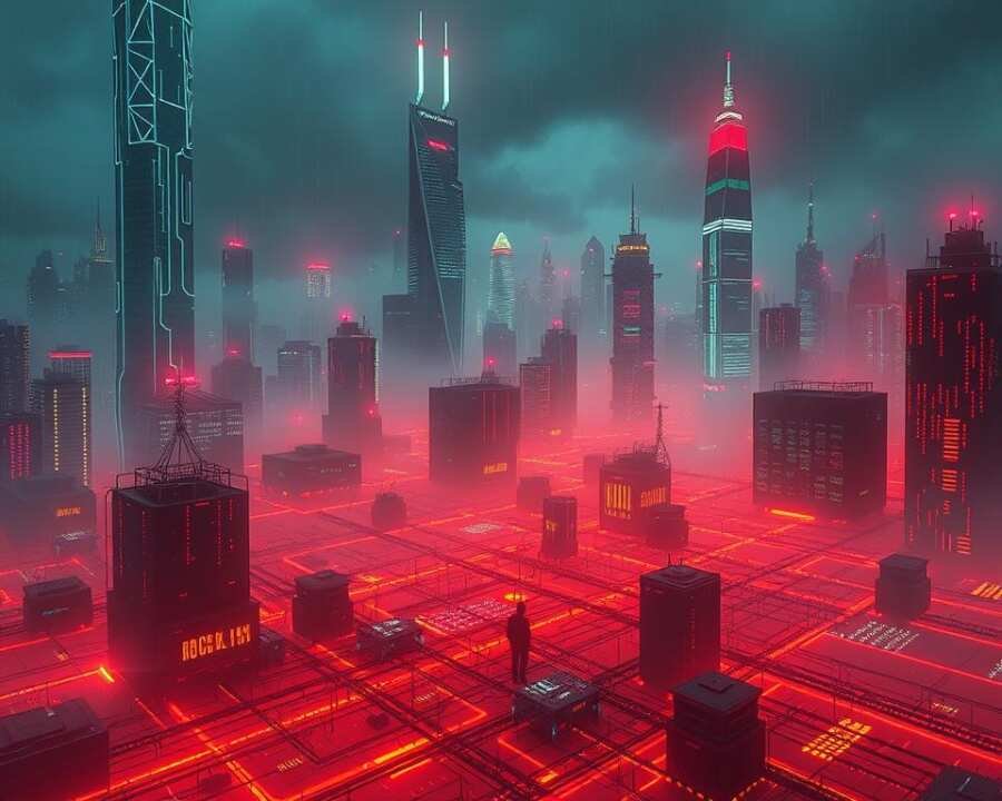 A vast, dystopian cityscape cloaked in a veil of digital haze. Towering skyscrapers adorned with glowing cyber-patterns and intricate data streams pulsing through their foundations. In the foreground, a network of interconnected devices and servers emanating an ominous, electric glow, their vulnerable systems under relentless assault from a barrage of binary code and malicious algorithms. Shadowy figures navigating the digital landscape, their movements cloaked in a shroud of encrypted protocols, orchestrating a devastating cyber attack campaign that threatens to bring the entire metropolis to its knees. Harsh, neon-tinged lighting casts an eerie, foreboding atmosphere, heightening the sense of impending technological catastrophe. A vast, dystopian cityscape cloaked in a veil of digital haze. Towering skyscrapers adorned with glowing cyber-patterns and intricate data streams pulsing through their foundations. In the foreground, a network of interconnected devices and servers emanating an ominous, electric glow, their vulnerable systems under relentless assault from a barrage of binary code and malicious algorithms. Shadowy figures navigating the digital landscape, their movements cloaked in a shroud of encrypted protocols, orchestrating a devastating cyber attack campaign that threatens to bring the entire metropolis to its knees. Harsh, neon-tinged lighting casts an eerie, foreboding atmosphere, heightening the sense of impending technological catastrophe.