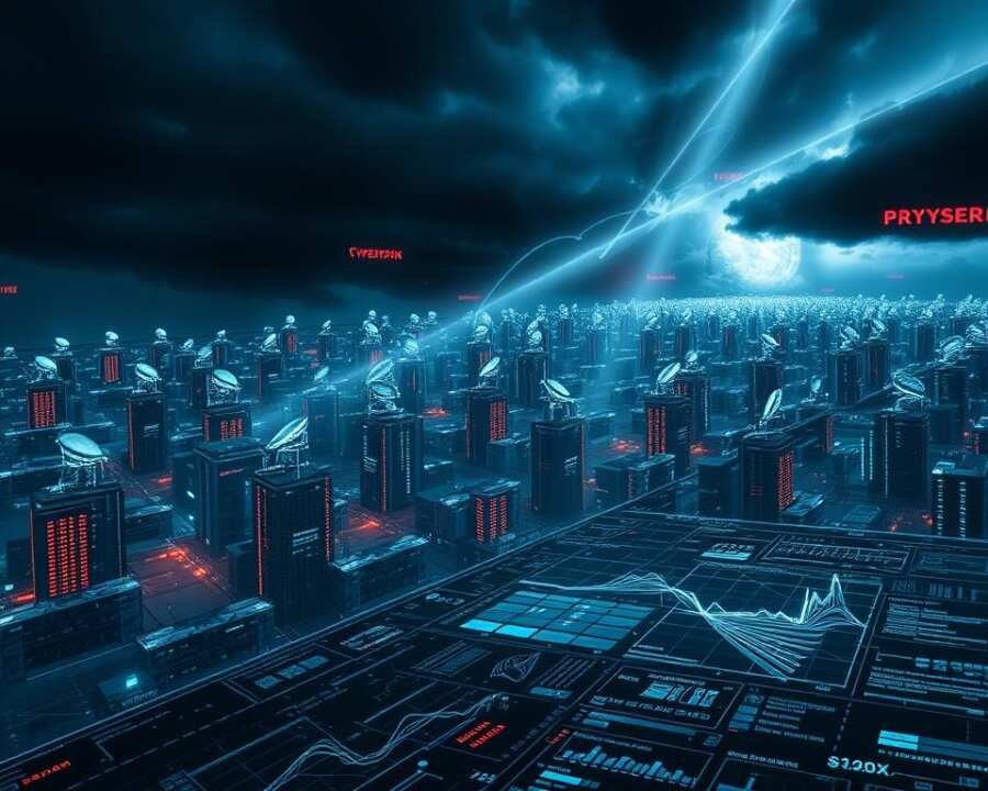 A vast, interconnected global network of data centers, server towers, and satellite dishes set against a backdrop of a darkened, stormy sky. Beams of light and intricate digital patterns dance across the scene, casting an eerie, ominous glow. In the foreground, a holographic display shows complex graphs, charts, and real-time data visualizations, illustrating the scale and complexity of modern cyberespionage operations. The overall atmosphere is one of technological power, digital intrigue, and a sense of an unseen, ever-present threat.