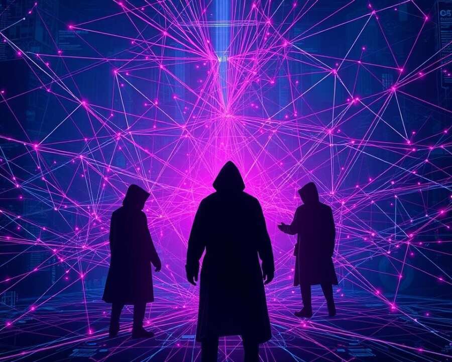 A vast, interconnected web of cyber threat actors, their connections illuminated by a glowing, neon-tinged interface. In the foreground, the silhouettes of cloaked figures, their identities obscured, engaged in a complex dance of digital espionage. Branching pathways converge and diverge, creating a mesmerizing tapestry of lines and nodes that represent the intricate relationships between domestic and international threat groups. Shades of indigo, violet, and crimson cast an ominous glow, heightening the sense of danger and the gravity of the situation. The scene is rendered with a cinematic, futuristic aesthetic, emphasizing the high-stakes, technological nature of the cyber security landscape.