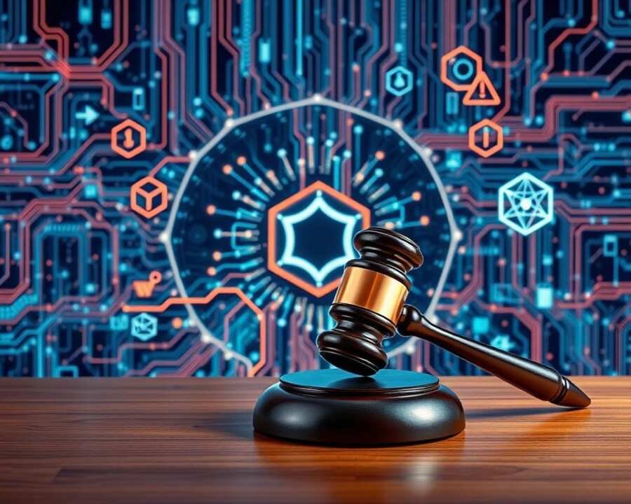 A vast network of digital wires and circuits, pulsing with data streams, forms the intricate backdrop of an international cybersecurity landscape. In the foreground, a gavel rests on a polished wooden table, symbolizing the legal frameworks that govern this digital realm. Surrounding the gavel, abstract geometric shapes and symbols represent the complex web of international treaties, protocols, and agreements that define the rules of engagement in the cyber domain. The lighting is crisp and professional, casting subtle shadows that add depth and dimension to the scene. The overall mood is one of authority, order, and a steadfast commitment to upholding the rule of law in the face of emerging digital threats.