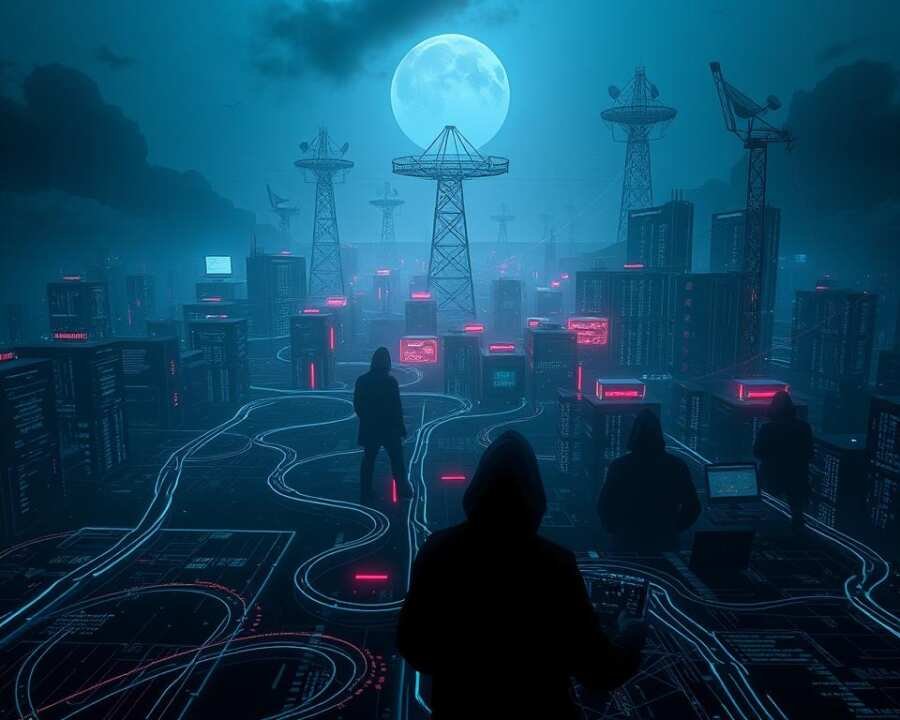 A vast, shadowy cyberscape illuminated by the eerie glow of digital activity. In the foreground, lines of code cascade like neon rivers, intertwining with the silhouettes of hooded figures manipulating complex interfaces. The middle ground is dominated by towering data centers, their servers pulsing with encrypted transmissions. In the background, a network of satellite dishes and relay towers silently monitor the flow of information, casting an ominous presence over the scene. The atmosphere is one of tension and unease, hinting at the unseen forces orchestrating state-sponsored cyber operations.