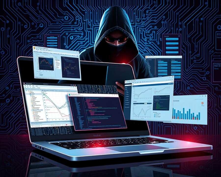 A well-lit, high-contrast digital illustration showcasing an array of malware analysis tools. In the foreground, a sleek, metallic laptop displays various windows and interfaces, depicting network monitoring, file scanning, and vulnerability analysis software. In the middle ground, a complex circuit board backdrop sets the technical tone, while in the background, an ominous, shadowy silhouette of a hooded figure hacking into a database hints at the broader context of cybersecurity threats. The overall atmosphere is one of sophisticated, cutting-edge technology deployed in the fight against malicious online activities.