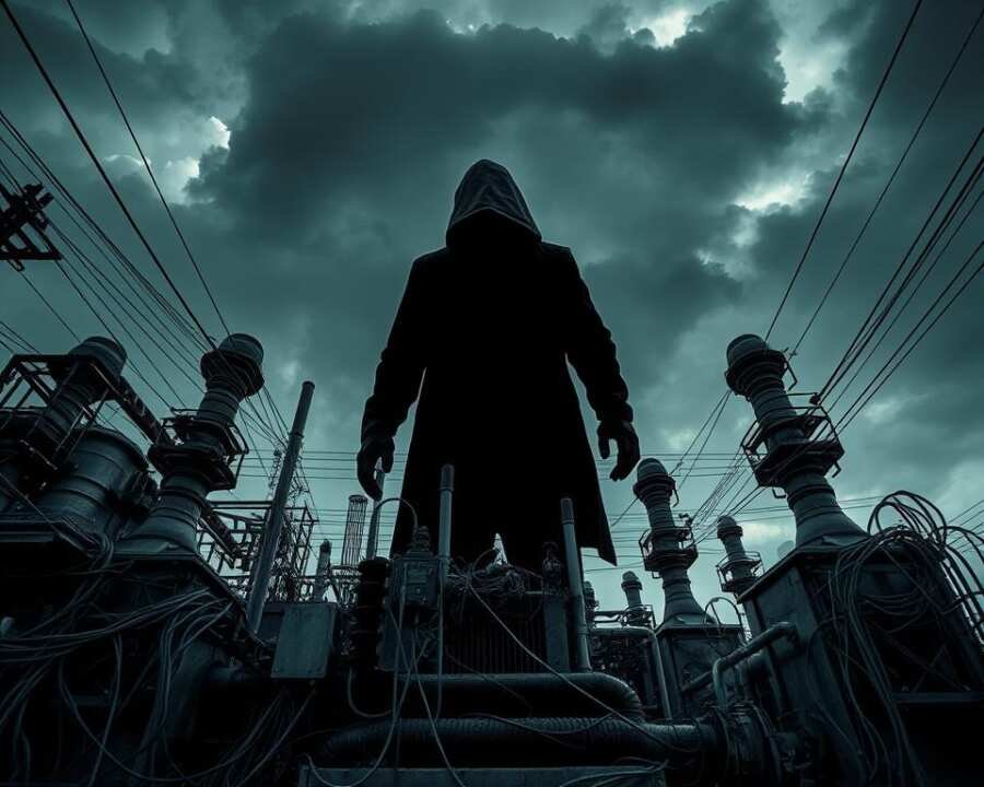 An eerie, high-tension scene of critical infrastructure vulnerability. A looming, shadowy figure casts a menacing presence over a power plant, its complex machinery exposed and unprotected. Tangles of exposed cables and pipes suggest a fragile, outdated system. Ominous clouds loom overhead, hinting at a gathering storm. The lighting is harsh, creating deep contrasts and dramatic shadows that convey a sense of unease and impending danger. The camera angle is low, emphasizing the imposing scale of the infrastructure and the small human element, vulnerable and overwhelmed. An unsettling atmosphere of precariousness and insecurity pervades the scene. An eerie, high-tension scene of critical infrastructure vulnerability. A looming, shadowy figure casts a menacing presence over a power plant, its complex machinery exposed and unprotected. Tangles of exposed cables and pipes suggest a fragile, outdated system. Ominous clouds loom overhead, hinting at a gathering storm. The lighting is harsh, creating deep contrasts and dramatic shadows that convey a sense of unease and impending danger. The camera angle is low, emphasizing the imposing scale of the infrastructure and the small human element, vulnerable and overwhelmed. An unsettling atmosphere of precariousness and insecurity pervades the scene.