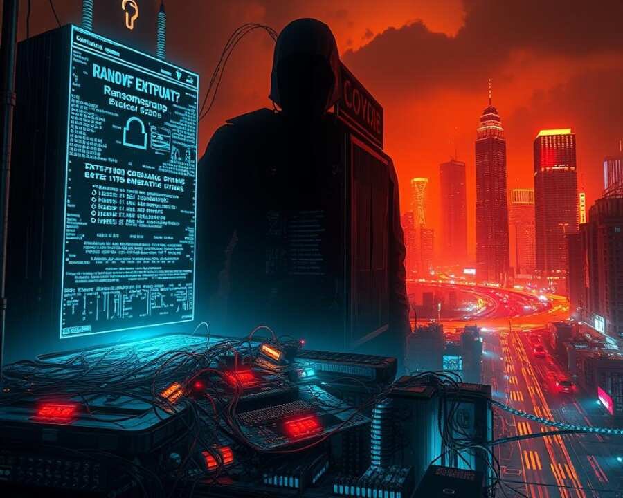 An eerily lit cyberpunk landscape, with a massive, shadowy supercomputer looming in the foreground, its menacing presence casting a sinister glow. Holographic displays flicker and glitch, revealing the intricate algorithms of a ransomware encryption process. In the middle ground, a tangle of neon-lit data cables and circuit boards pulsate with an ominous energy, while in the background, a cityscape of towering skyscrapers and neon-soaked streets sets the scene for this high-tech, dystopian nightmare. The overall mood is one of dread and technological foreboding, capturing the essence of the "Akira Hacker Group (GOLD SAHARA) 2025: Tactics and Attack Chain" section.