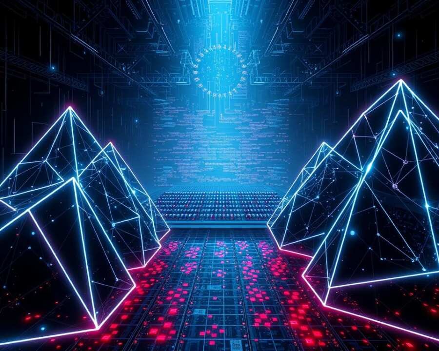 An intricate cybersecurity landscape, with glowing wireframe forms representing recent ransomware vulnerabilities. In the foreground, angular structures pulsate with ominous energy, casting eerie shadows across a dark, glitch-infused backdrop. The middle ground features a shimmering, holographic grid, symbolizing the complex infrastructure that these threats exploit. Stark lighting casts dramatic contrasts, evoking a sense of technological unease and the high-stakes battle against evolving cyber attacks. The overall atmosphere conveys the gravity and urgency of addressing these emerging vulnerabilities in the digital realm.