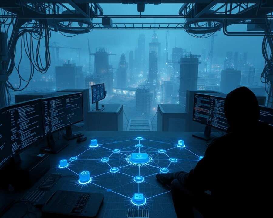 An intricate cybersecurity scene depicting the tactics, techniques, and procedures (TTPs) of the notorious Iranian OilRig hacker group, also known as COBALT GYPSY. In the foreground, a shadowy figure sits at a desk, surrounded by a maze of computer screens displaying complex code and network visualizations. The middle ground features a network topology diagram with interconnected nodes, illustrating the group's intricate web of infrastructure. In the background, an ominous cityscape shrouded in a hazy, industrial atmosphere sets the tone of the image. The scene is illuminated by a cool, bluish lighting, creating a sense of unease and the technical precision of the group's operations. An intricate cybersecurity scene depicting the tactics, techniques, and procedures (TTPs) of the notorious Iranian OilRig hacker group, also known as COBALT GYPSY. In the foreground, a shadowy figure sits at a desk, surrounded by a maze of computer screens displaying complex code and network visualizations. The middle ground features a network topology diagram with interconnected nodes, illustrating the group's intricate web of infrastructure. In the background, an ominous cityscape shrouded in a hazy, industrial atmosphere sets the tone of the image. The scene is illuminated by a cool, bluish lighting, creating a sense of unease and the technical precision of the group's operations.