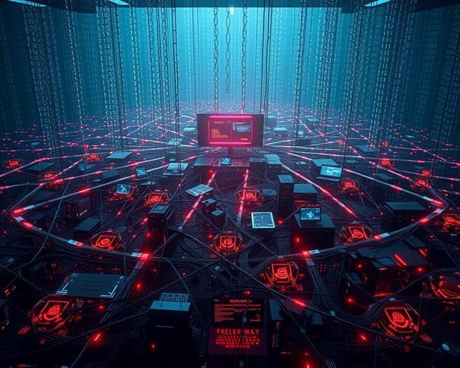 An intricate digital landscape, a nexus of cyber warfare. In the foreground, a complex web of attack vectors - malware, phishing, exploitation techniques - intricately woven, pulsing with digital energy. In the middle ground, a command-and-control center, screens flickering with data, icons and diagrams detailing the tactics of the Dragonfly group. The background, a matrix of binary code, cascading strings of ones and zeros, the digital landscape framed by an ominous, metallic sheen, conveying the gravity and sophistication of these cyber attacks. Dramatic lighting, high-contrast shadows, and a moody, ominous atmosphere set the tone for this image of the key attack vectors and techniques employed by the notorious Dragonfly hacker group.