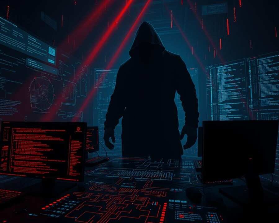 Cyber attack methodologies: a dark digital landscape, pulsing with the ominous glow of computer terminals and holographic displays. In the foreground, intricate network diagrams and lines of code cascade across the screen, hinting at the complex web of vulnerabilities and exploits. Towering in the background, a hulking, shadowy figure - the embodiment of the anonymous hacker, their identity obscured by a hooded cloak. Shafts of ominous crimson light pierce the gloom, casting an ominous pall over the scene. The atmosphere is one of unease and foreboding, as if the viewer is witnessing the calm before the storm of a devastating cyber assault.