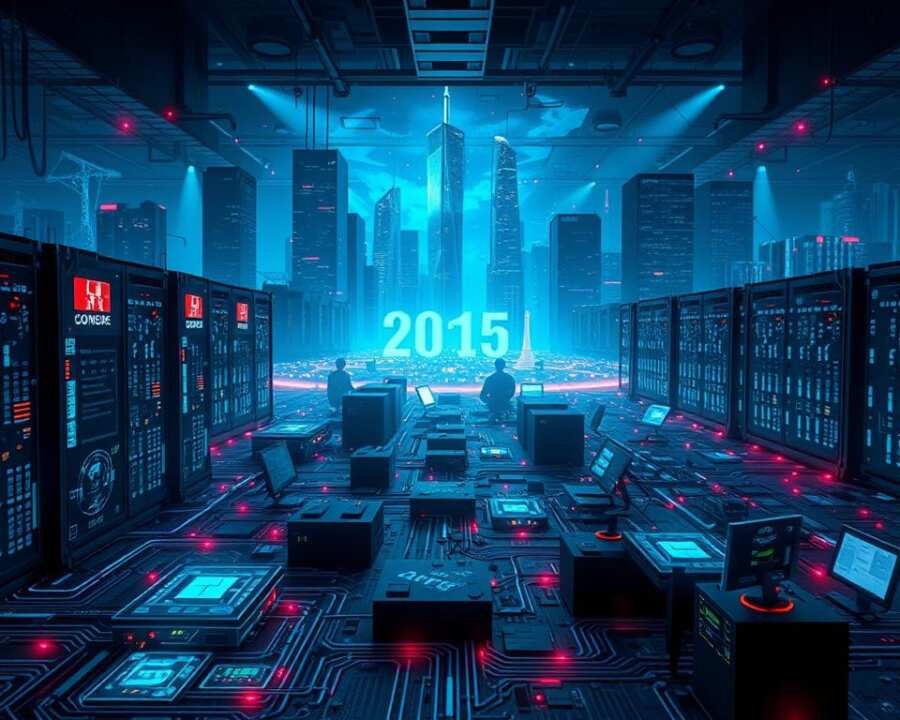 Cyber attack targets 2025: A futuristic digital landscape of interconnected servers, command centers, and critical infrastructure systems under the watchful gaze of a shadowy hacker collective. Intricate network diagrams, glowing circuit boards, and holographic displays fill the foreground, while towering skyscrapers and expansive data centers loom in the background, casting an ominous presence. The scene is illuminated by a cool, neon-tinged lighting, creating an atmosphere of technological tension and the looming threat of a large-scale cyber assault. The composition emphasizes the scale and complexity of the targeted systems, hinting at the devastating consequences of a successful attack in the year 2025.