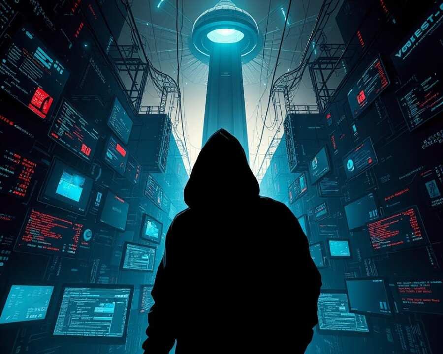 Cyber espionage evolution: a dystopian digital landscape. In the foreground, a hooded figure hacks into a complex network of data streams, casting an ominous shadow across the scene. The middle ground features a maze of screens, windows, and code fragments, pulsing with the energy of an ever-evolving digital ecosystem. In the background, a towering monolith of surveillance technology looms, its all-seeing eyes monitoring the shadows of the cyber world. Dramatic lighting casts a moody, cinematic atmosphere, while the camera angle suggests a sense of unease and the relentless march of technological progress. This prompt aims to capture the ominous and ever-changing nature of cyber espionage, reflecting the challenges and threats faced in the digital age. Cyber espionage evolution: a dystopian digital landscape. In the foreground, a hooded figure hacks into a complex network of data streams, casting an ominous shadow across the scene. The middle ground features a maze of screens, windows, and code fragments, pulsing with the energy of an ever-evolving digital ecosystem. In the background, a towering monolith of surveillance technology looms, its all-seeing eyes monitoring the shadows of the cyber world. Dramatic lighting casts a moody, cinematic atmosphere, while the camera angle suggests a sense of unease and the relentless march of technological progress. This prompt aims to capture the ominous and ever-changing nature of cyber espionage, reflecting the challenges and threats faced in the digital age.