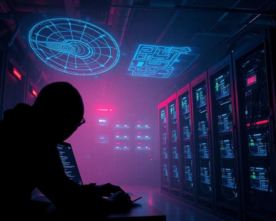Cyber espionage techniques, a high-tech surveillance landscape. In the foreground, a shadowy figure hunched over a laptop, lines of code flickering across the screen. Holographic displays project data streams, mapping intricate network topologies. In the middle ground, servers rack up, blinking lights and coiled cables, guarded by biometric scanners and motion sensors. The background shrouded in an eerie, neon-tinged atmosphere, conveying the clandestine nature of these advanced persistent threats. Dramatic chiaroscuro lighting, emphasizing the mystery and tension of this covert digital realm. A Cinematic, cyberpunk-inspired aesthetic, capturing the essence of Kimsuky's sophisticated TTPs. Cyber espionage techniques, a high-tech surveillance landscape. In the foreground, a shadowy figure hunched over a laptop, lines of code flickering across the screen. Holographic displays project data streams, mapping intricate network topologies. In the middle ground, servers rack up, blinking lights and coiled cables, guarded by biometric scanners and motion sensors. The background shrouded in an eerie, neon-tinged atmosphere, conveying the clandestine nature of these advanced persistent threats. Dramatic chiaroscuro lighting, emphasizing the mystery and tension of this covert digital realm. A Cinematic, cyberpunk-inspired aesthetic, capturing the essence of Kimsuky's sophisticated TTPs.