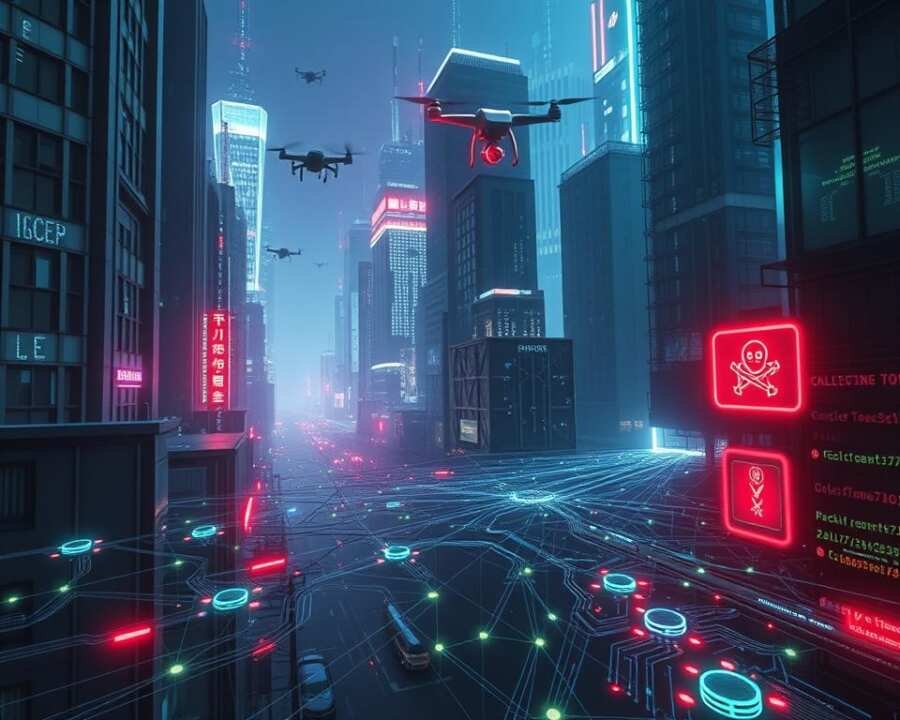 Cyberpunk cityscape, digital data streams cascading through towering skyscrapers, neon-lit alleyways crisscrossed by surveillance drones. In the foreground, a complex web of interconnected nodes and vectors, representing the attack surface of a sophisticated cyber threat. Glowing circuit boards, lines of code, and ominous-looking malware symbols create an unsettling but visually striking scene. The lighting is a moody mix of blues, purples, and greens, casting an ominous glow over the entire composition. The camera angle is slightly elevated, giving the viewer a sense of observing the attack vectors from a strategic vantage point. The overall atmosphere conveys the sense of a digital landscape under siege, a vivid illustration of the threats faced by modern organizations. Cyberpunk cityscape, digital data streams cascading through towering skyscrapers, neon-lit alleyways crisscrossed by surveillance drones. In the foreground, a complex web of interconnected nodes and vectors, representing the attack surface of a sophisticated cyber threat. Glowing circuit boards, lines of code, and ominous-looking malware symbols create an unsettling but visually striking scene. The lighting is a moody mix of blues, purples, and greens, casting an ominous glow over the entire composition. The camera angle is slightly elevated, giving the viewer a sense of observing the attack vectors from a strategic vantage point. The overall atmosphere conveys the sense of a digital landscape under siege, a vivid illustration of the threats faced by modern organizations.
