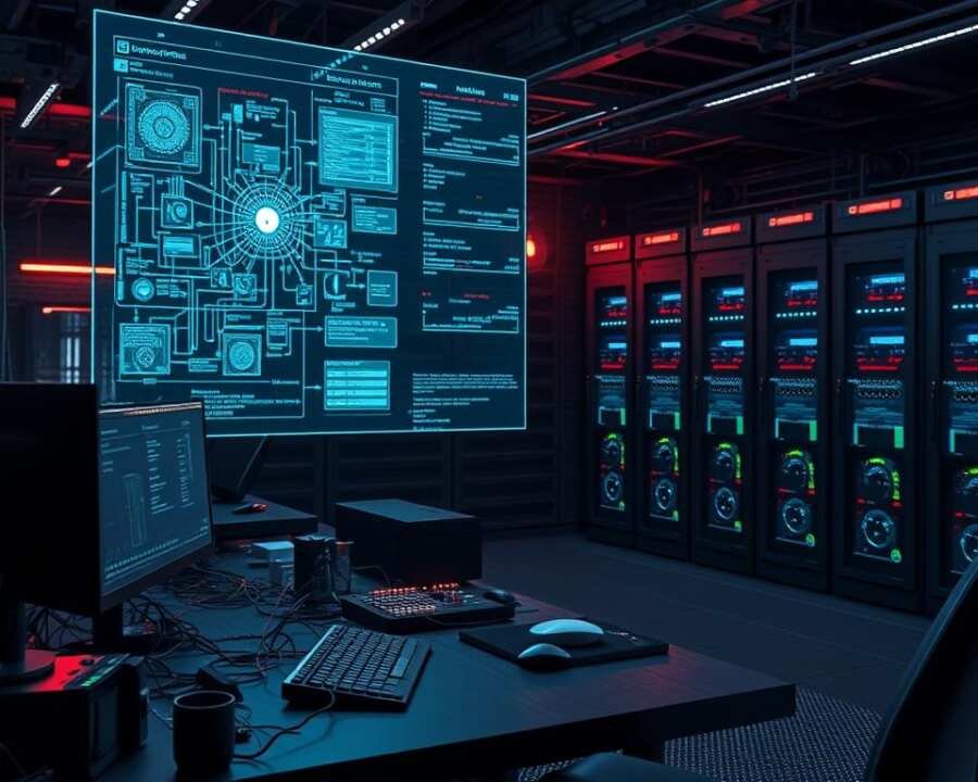 Detailed 3D render of a complex malware analysis environment. In the foreground, a technician's desk with various computing devices, cables, and specialized tools. In the middle ground, a large holographic display showcases intricate malware visualizations and network topologies. The background features a dimly lit server room with racks of high-performance hardware, ambient LED lighting, and a sense of technological depth. The scene conveys a mood of intense focus, technical mastery, and the relentless pursuit of understanding advanced cyber threats. Detailed 3D render of a complex malware analysis environment. In the foreground, a technician's desk with various computing devices, cables, and specialized tools. In the middle ground, a large holographic display showcases intricate malware visualizations and network topologies. The background features a dimly lit server room with racks of high-performance hardware, ambient LED lighting, and a sense of technological depth. The scene conveys a mood of intense focus, technical mastery, and the relentless pursuit of understanding advanced cyber threats.