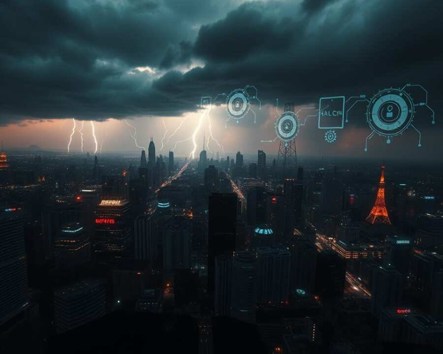Detailed cyber attack targets in a dark, ominous setting. A sprawling urban landscape in the foreground, with skyscrapers, communication towers, and infrastructure symbolizing high-value targets. In the middle ground, digital overlays and glyphs indicate network vulnerabilities and hacking activity. The background features an eerie, cloudy sky with flashes of lightning, creating a sense of foreboding and impending danger. The lighting is dramatic, with strong shadows and highlights to enhance the techno-thriller atmosphere. The camera angle is low, giving a sense of scale and emphasizing the gravity of the situation. Detailed cyber attack targets in a dark, ominous setting. A sprawling urban landscape in the foreground, with skyscrapers, communication towers, and infrastructure symbolizing high-value targets. In the middle ground, digital overlays and glyphs indicate network vulnerabilities and hacking activity. The background features an eerie, cloudy sky with flashes of lightning, creating a sense of foreboding and impending danger. The lighting is dramatic, with strong shadows and highlights to enhance the techno-thriller atmosphere. The camera angle is low, giving a sense of scale and emphasizing the gravity of the situation.