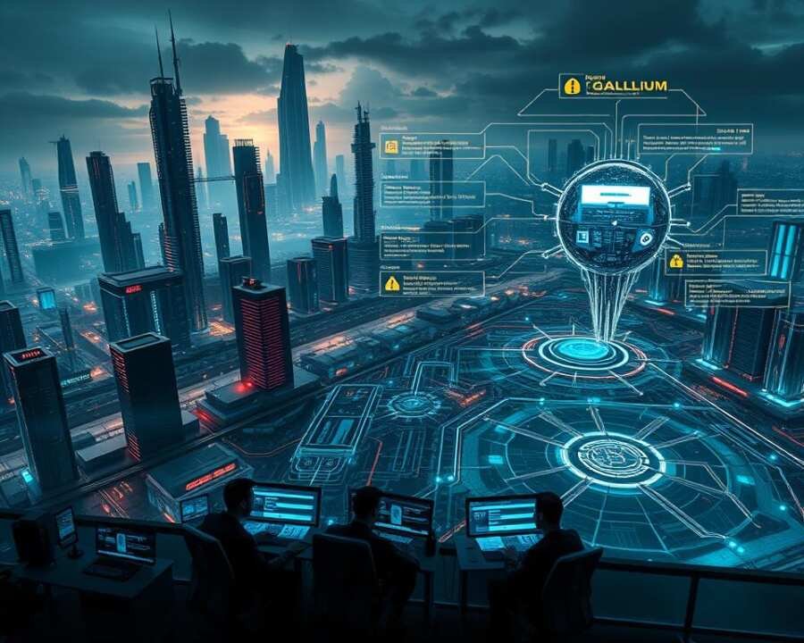 Detailed cybersecurity diagram depicting defensive strategies against GALLIUM hacker group attacks. Imposing futuristic cityscape in the background, with towering data centers and communication hubs. In the middle ground, a complex network of firewall systems, intrusion detection sensors, and encrypted data pathways. In the foreground, a team of analysts monitoring real-time threat intelligence, coordinating countermeasures through sleek, holographic control panels. Dramatic lighting casts an ominous glow, emphasizing the high-stakes nature of the cyber battle. Rendered in a gritty, high-tech aesthetic with a sense of urgency and determination. Detailed cybersecurity diagram depicting defensive strategies against GALLIUM hacker group attacks. Imposing futuristic cityscape in the background, with towering data centers and communication hubs. In the middle ground, a complex network of firewall systems, intrusion detection sensors, and encrypted data pathways. In the foreground, a team of analysts monitoring real-time threat intelligence, coordinating countermeasures through sleek, holographic control panels. Dramatic lighting casts an ominous glow, emphasizing the high-stakes nature of the cyber battle. Rendered in a gritty, high-tech aesthetic with a sense of urgency and determination.