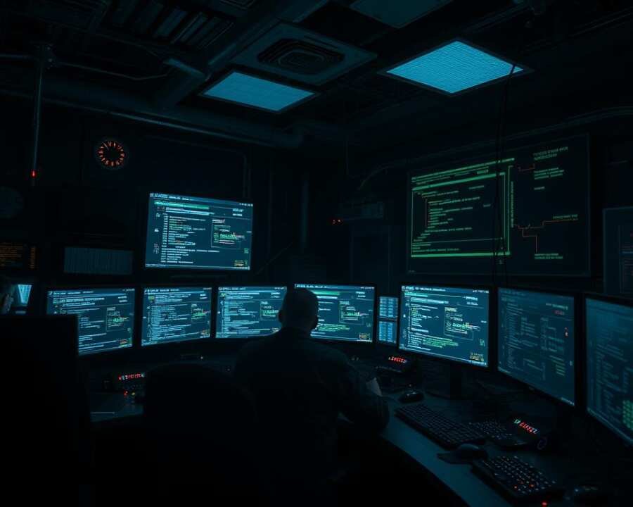 Detailed cybersecurity operations, a darkened command center with a network of glowing computer terminals, complex data visualizations, and a lone operator monitoring system activity. Dim lighting casts shadows, creating an atmosphere of intrigue and foreboding. The scene conveys the high-stakes nature of sophisticated malware deployment, with a focus on the technical complexity and secretive nature of such activities. Angles and perspectives emphasize the scale and significance of the malicious operations depicted. Detailed cybersecurity operations, a darkened command center with a network of glowing computer terminals, complex data visualizations, and a lone operator monitoring system activity. Dim lighting casts shadows, creating an atmosphere of intrigue and foreboding. The scene conveys the high-stakes nature of sophisticated malware deployment, with a focus on the technical complexity and secretive nature of such activities. Angles and perspectives emphasize the scale and significance of the malicious operations depicted.