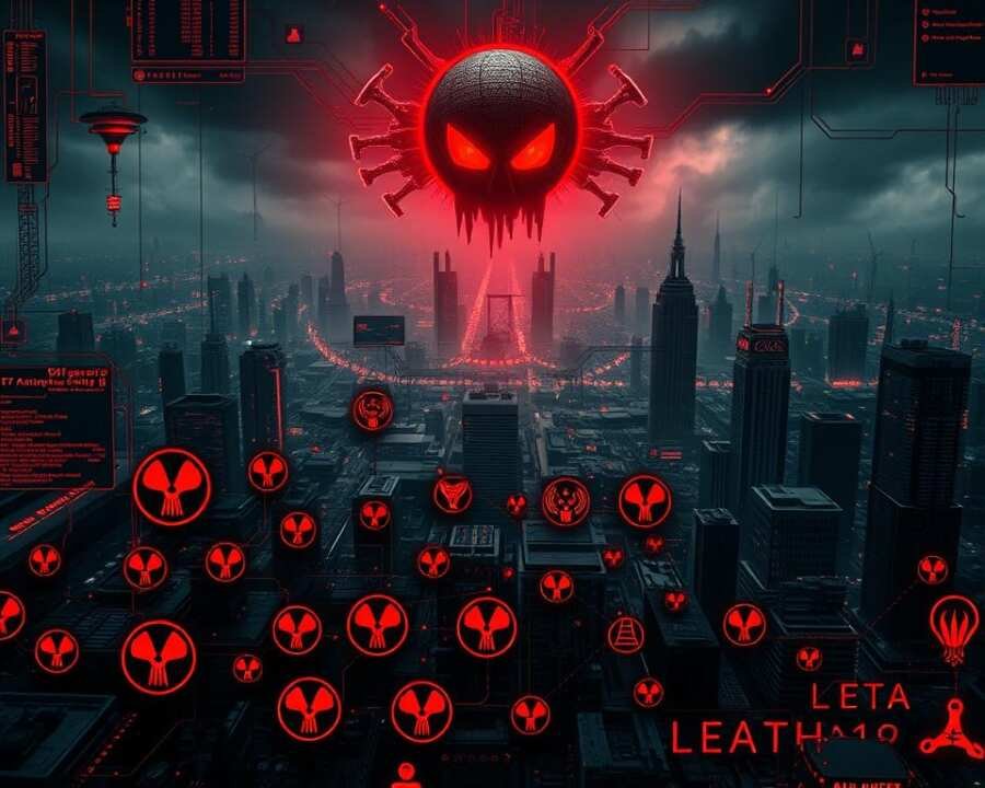 Detailed cybersecurity visualization of a malware-based cyber attack campaign. In the foreground, a cluster of menacing malware icons and symbols in shades of red and black, conveying the destructive nature of the attack. The middle ground depicts a complex digital landscape with interconnected networks, servers, and devices, all under the ominous presence of a looming cyber threat. The background features an ominous, dystopian cityscape shrouded in a hazy, eerie glow, suggesting the widespread impact of the cyber attack. The overall scene is rendered with a gritty, high-contrast aesthetic, creating a sense of urgency and a warning of the potential consequences of such attacks. Detailed cybersecurity visualization of a malware-based cyber attack campaign. In the foreground, a cluster of menacing malware icons and symbols in shades of red and black, conveying the destructive nature of the attack. The middle ground depicts a complex digital landscape with interconnected networks, servers, and devices, all under the ominous presence of a looming cyber threat. The background features an ominous, dystopian cityscape shrouded in a hazy, eerie glow, suggesting the widespread impact of the cyber attack. The overall scene is rendered with a gritty, high-contrast aesthetic, creating a sense of urgency and a warning of the potential consequences of such attacks.