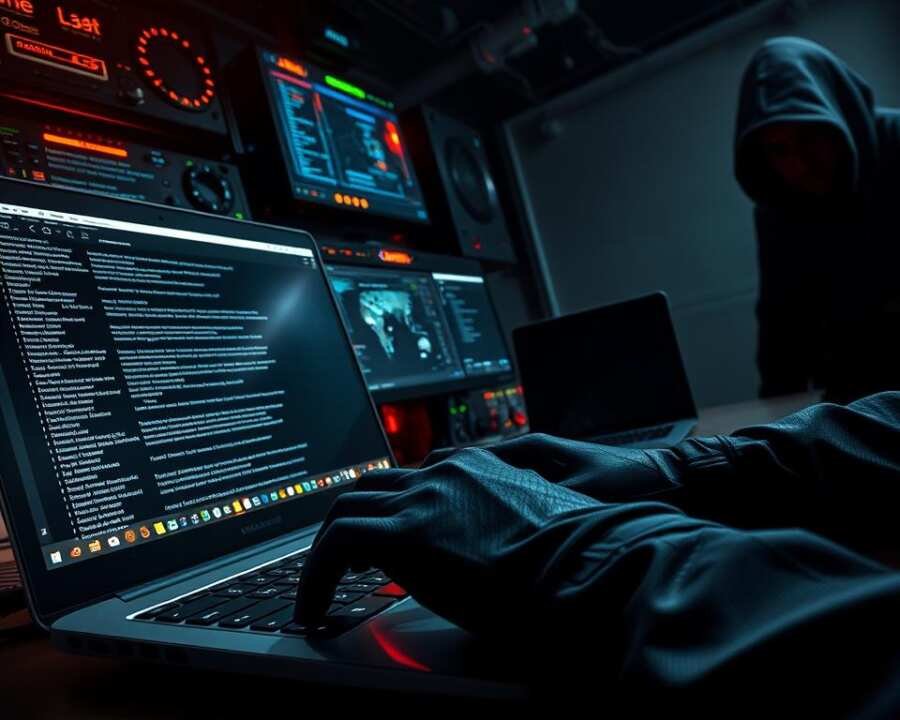 Dramatic desktop scene of a hacker's post-compromise email theft. In the foreground, a gloved hand types rapidly on a sleek, dark-colored laptop, the screen reflecting a flurry of password-protected emails. The middle ground features an array of high-tech monitoring equipment, with blinking lights and intricate circuit boards. In the background, a shadowy figure looms, observing the unfolding cybercrime with a sinister gaze. The lighting is moody, with deep shadows and highlights that convey a tense, ominous atmosphere. The angle is slightly low, adding a sense of power and control to the hacker's actions. The overall composition suggests the methodical, calculated nature of the post-compromise activities.