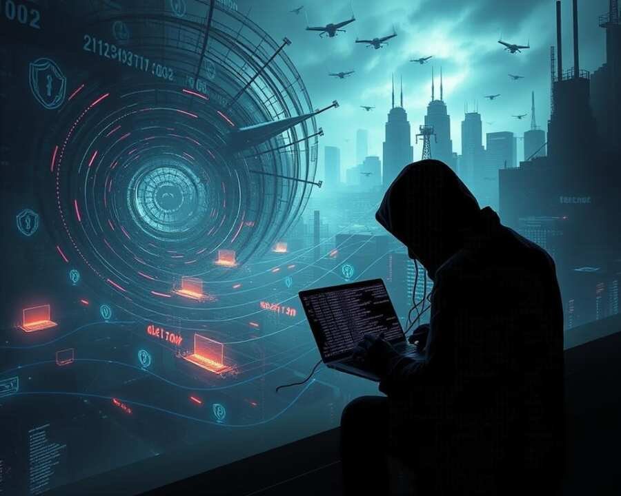 Elaborate cybersecurity scene depicting defense evasion techniques. In the foreground, a dark shadowy figure wielding a laptop and hacking tools, obscured by a swirling vortex of binary code and glowing data streams. In the middle ground, a maze of firewalls, antivirus software, and other security systems being infiltrated and circumvented. The background features a dystopian cityscape shrouded in an ominous digital haze, with towering skyscrapers and surveillance drones. The overall atmosphere is one of technological complexity, threat, and the constant struggle between security and subversion. Rendered in a moody, cinematic style with dramatic lighting and high contrast. Elaborate cybersecurity scene depicting defense evasion techniques. In the foreground, a dark shadowy figure wielding a laptop and hacking tools, obscured by a swirling vortex of binary code and glowing data streams. In the middle ground, a maze of firewalls, antivirus software, and other security systems being infiltrated and circumvented. The background features a dystopian cityscape shrouded in an ominous digital haze, with towering skyscrapers and surveillance drones. The overall atmosphere is one of technological complexity, threat, and the constant struggle between security and subversion. Rendered in a moody, cinematic style with dramatic lighting and high contrast.