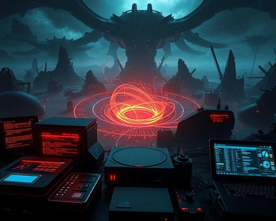 Emerging cyber attack tools, their components and mechanisms unveiled. In the foreground, a cluster of sleek, cutting-edge devices and interfaces hinting at advanced capabilities. Glowing screens display intricate code and data visualizations. In the middle ground, a swirling vortex of digital energy, pulsing with the power of sophisticated algorithms. The background is a moody, techno-dystopian landscape, its shadowy forms hinting at the scale and complexity of the threat. Dramatic lighting casts dramatic shadows, creating a sense of foreboding and danger. The overall atmosphere is one of technological prowess and ominous potential, reflecting the growing sophistication of cyber attacks.