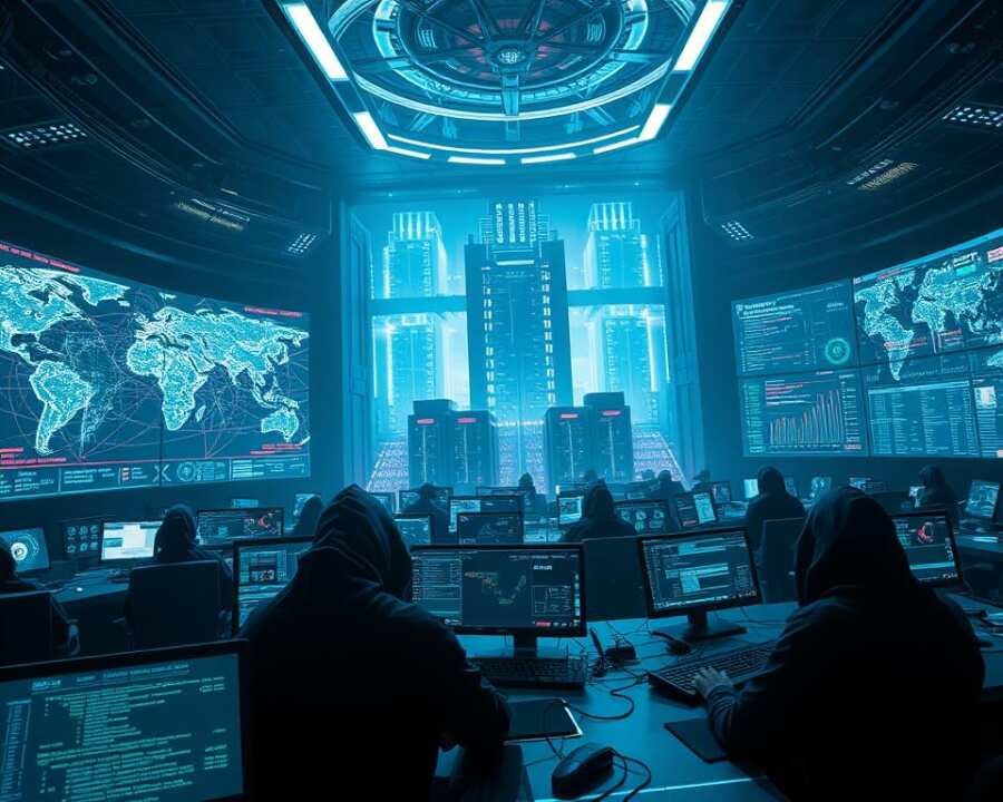 Geopolitical cyber operations in a dark, ominous setting. A vast, futuristic control room with towering holographic displays showcasing global network data flows and digital battlegrounds. Cloaked figures orchestrate intricate hacking maneuvers, their faces obscured by the glow of screens. Intricate lines of code and cryptic symbols dance across the displays, as complex algorithms analyze intelligence and coordinate strategic cyber-attacks. Towering monoliths of data servers loom in the background, their ominous presence hinting at the vast, unseen infrastructure powering these global cyber operations. The atmosphere is tense, foreboding, and highly technical, reflecting the high-stakes nature of this geopolitical cyber conflict.