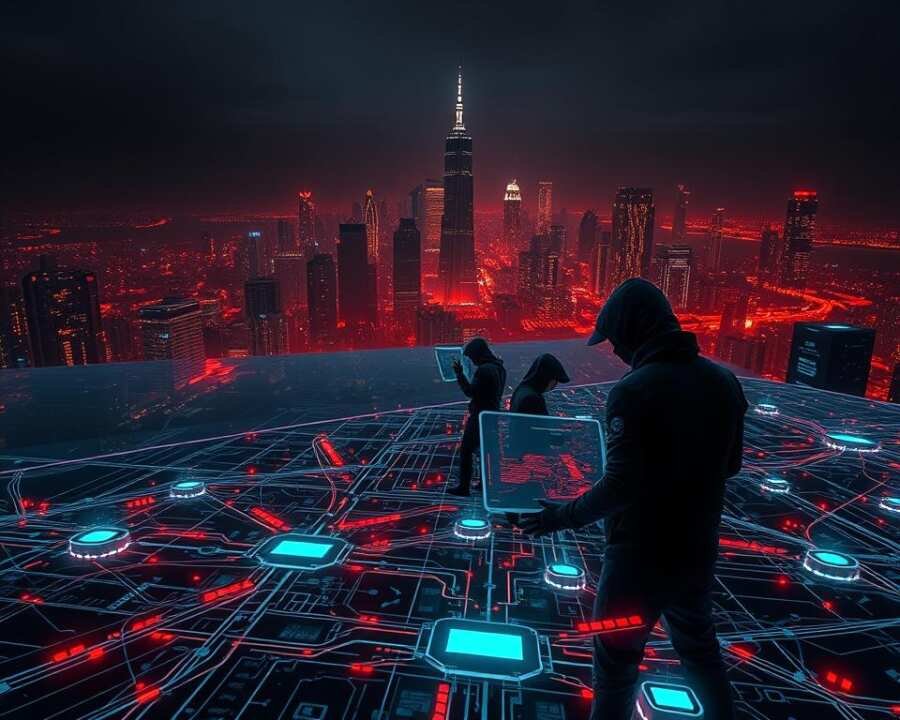 Intricate cybersecurity schematics depicting Leviathan's data exfiltration techniques. In the foreground, a stylized data stream flows through a complex web of interconnected nodes and interfaces. In the middle ground, a trio of shadowy hacker figures manipulate holographic screens, extracting sensitive information. The background features a dark, dystopian cityscape, with glowing neon-like digital signatures pulsing across the skyline. Dramatic chiaroscuro lighting casts dramatic shadows, evoking a sense of mystery and technological prowess. Rendered in a detailed, almost photorealistic style with a cinematic, cyberpunk aesthetic. Intricate cybersecurity schematics depicting Leviathan's data exfiltration techniques. In the foreground, a stylized data stream flows through a complex web of interconnected nodes and interfaces. In the middle ground, a trio of shadowy hacker figures manipulate holographic screens, extracting sensitive information. The background features a dark, dystopian cityscape, with glowing neon-like digital signatures pulsing across the skyline. Dramatic chiaroscuro lighting casts dramatic shadows, evoking a sense of mystery and technological prowess. Rendered in a detailed, almost photorealistic style with a cinematic, cyberpunk aesthetic.