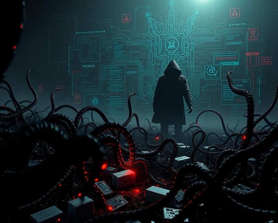 Ransomware evolution, a cybersecurity nightmare in a dystopian landscape. In the foreground, menacing malware tendrils crawl across a dark, digital landscape, consuming systems and data in their wake. The middle ground depicts a complex web of interconnected threats, with lines of code and cryptographic symbols converging into a sinister matrix. In the background, a ominous silhouette of a hooded figure, the mastermind behind this digital onslaught, looms large, casting an ominous shadow over the entire scene. The lighting is harsh, creating deep shadows and stark contrasts, conveying a sense of dread and unease. The overall mood is one of technological decay and the relentless march of cybercrime, a cautionary tale of the ever-evolving threats that organizations must face.