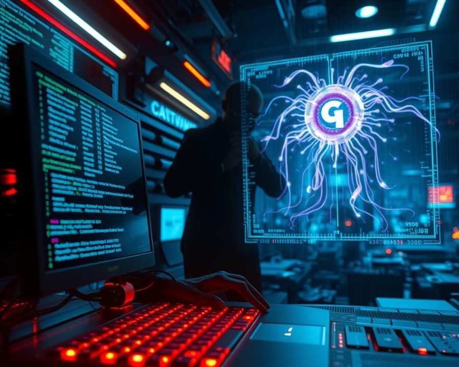 Shellcode Execution Process: A complex dance of bits and bytes, unfolding in the digital realm. In the foreground, a sleek, futuristic computer interface displays lines of enigmatic code, the heartbeat of a sophisticated cyber attack. Amid the glow of holographic displays, a shadowy figure manipulates the flow of data, weaving a tapestry of vulnerabilities. In the middle ground, a holographic visualization pulsates, depicting the intricate mechanisms of shellcode execution, its tendrils spreading like a digital virus. The background fades into a moody, metallic landscape, hinting at the high-stakes battleground of modern cyber warfare. The atmosphere is tense, electric, and imbued with a sense of technological prowess and ever-evolving sophistication.