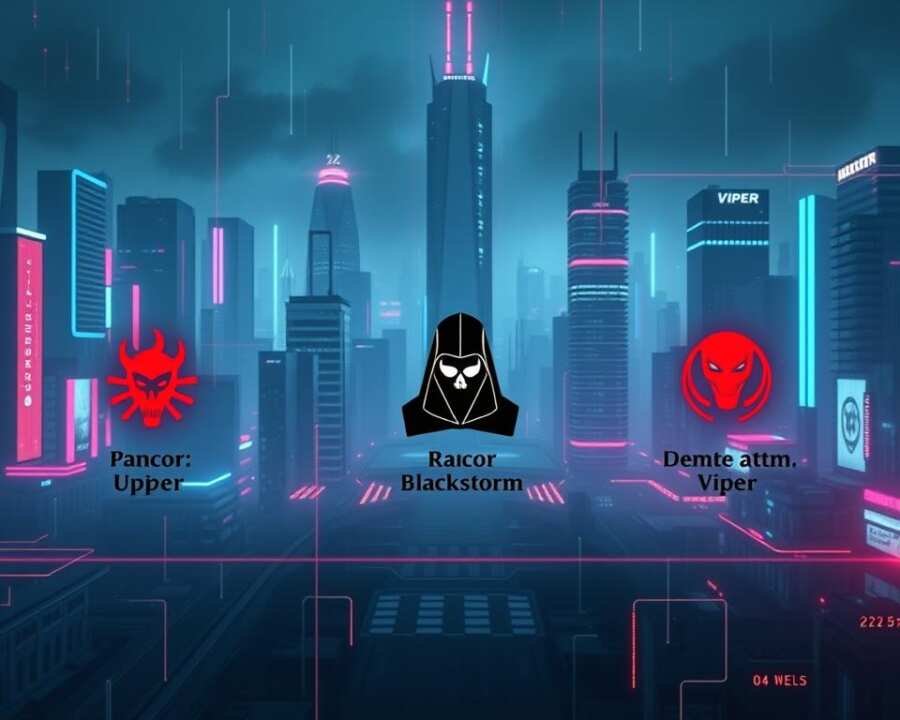 Sleek, minimalist comparison of notorious ransomware groups in 2025. Foreground features stylized icons representing Rancor, Blackstorm, and Viper APT groups, each with unique shapes and colors. Mid-ground showcases their attack methods - phishing, remote access, and data encryption. Background depicts a gritty, dystopian cityscape bathed in cool, futuristic lighting. Subtle glitches and digital distortions convey the threat and chaos of these advanced persistent threats. Cinematic 16:9 aspect ratio, high-resolution, photorealistic.