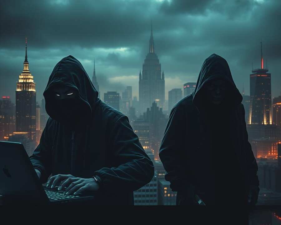 Threat actors, each distinct in their methods and motives, stand in sharp contrast against a backdrop of a darkened cityscape. In the foreground, a faceless hacker in a hooded cloak, fingers poised over a glowing keyboard, symbolizing the anonymity and technical prowess of modern cybercriminals. Beside them, a shadowy figure with a sinister grin, representing the more sophisticated and organized threat groups. In the distance, the looming silhouettes of government agencies and security teams, their watchful eyes scanning the digital landscape, creating a sense of tension and the constant battle against these malicious actors. Dramatic lighting and gritty textures heighten the sense of danger and the high-stakes game of cyber warfare.