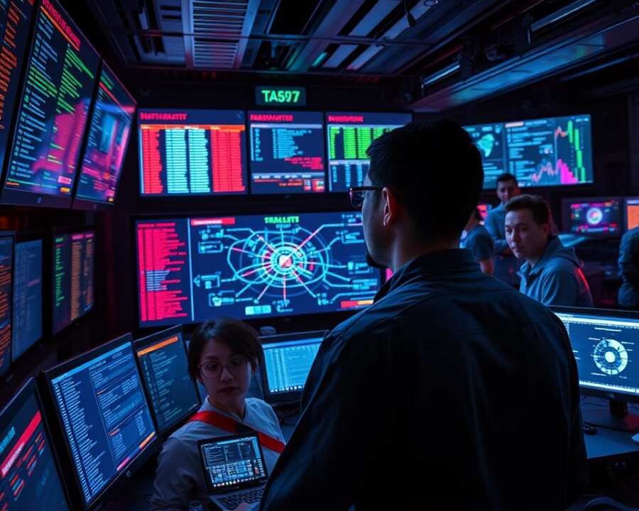 A bustling traffic control room, illuminated by the glow of multiple screens displaying network traffic data. In the foreground, a network engineer closely monitors the flows, analyzing patterns and anomalies. The middle ground features a large interactive display board, with real-time visualizations of network topology and security alerts. In the background, a team of analysts collaborates, reviewing threat intelligence and coordinating defensive measures. The scene conveys a sense of diligence, focus, and a determination to safeguard the network against the looming TA577 threat. A bustling traffic control room, illuminated by the glow of multiple screens displaying network traffic data. In the foreground, a network engineer closely monitors the flows, analyzing patterns and anomalies. The middle ground features a large interactive display board, with real-time visualizations of network topology and security alerts. In the background, a team of analysts collaborates, reviewing threat intelligence and coordinating defensive measures. The scene conveys a sense of diligence, focus, and a determination to safeguard the network against the looming TA577 threat.
