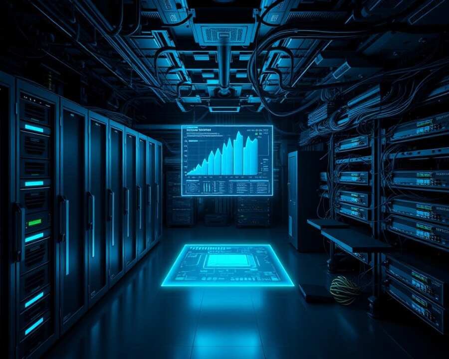 A complex network of servers, routers, and switches arranged in a command and control infrastructure. The foreground depicts sleek, high-performance hardware in a dimly lit server room, with cool blue and green LED lighting. The middle ground showcases a 3D holographic display showing real-time data analytics and threat monitoring. In the background, a vast array of cabling and network topologies create a sense of depth and interconnectivity. The overall atmosphere is one of power, control, and technological sophistication, befitting a sophisticated hacking operation.