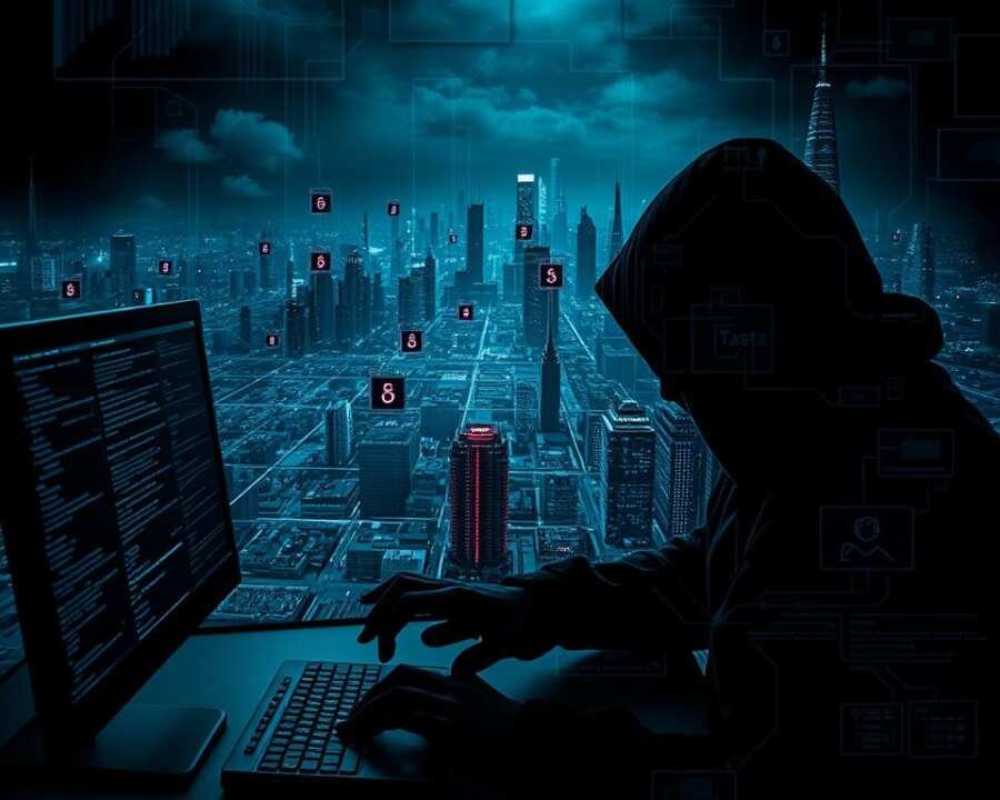 A dark, foreboding digital landscape depicting various phishing attack methods. In the foreground, a shadowy figure manipulates a computer interface, executing a sophisticated phishing scheme. The middle ground reveals a maze of interconnected networks, dotted with security vulnerabilities that the hacker exploits. In the background, a ominous cityscape of skyscrapers and servers stands as a testament to the scale and complexity of modern cybercrime. Dramatic lighting casts an ominous glow, heightening the sense of danger and urgency. The scene is rendered with a gritty, high-contrast aesthetic, capturing the technical precision and sinister intent of the TA578 hacker group's tactics and techniques.