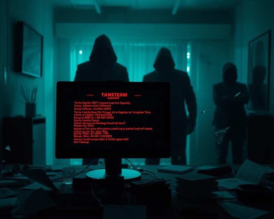 A dark, foreboding scene of financial ruin and cybercrime devastation. In the foreground, a computer screen displays a ransom note, its ominous red text commanding payment to unlock encrypted files. Shadowy figures loom in the background, their identities obscured, symbolizing the faceless, elusive nature of the Tonto Team hackers. The room is cast in an eerie, bluish-green glow, creating an atmosphere of dread and unease. Shattered glass and scattered documents evoke the chaos and destruction left in the wake of the attack. A sense of overwhelming helplessness and the heavy financial toll of ransomware permeates the image.