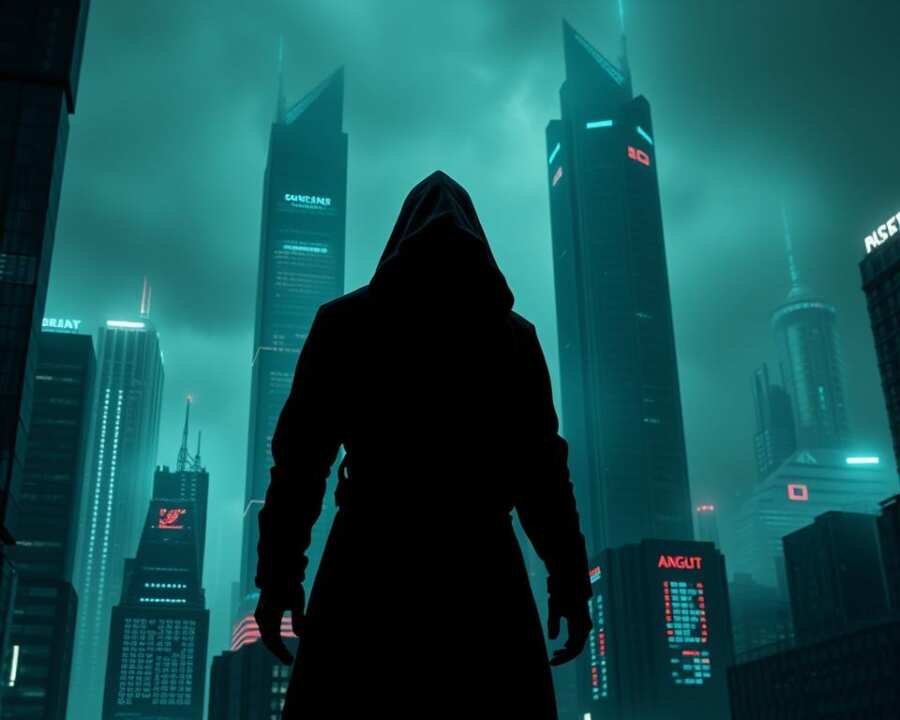 A dark, futuristic cityscape with towering skyscrapers and a hazy, ominous atmosphere. In the foreground, a shadowy figure in a hooded cloak stands, their face obscured, representing the social engineering threat. Neon-lit digital interfaces and holographic displays swirl around them, conveying the advanced, high-tech nature of the attack. In the background, a grid of binary code and glitching data streams suggest the vulnerability of the digital landscape. Dramatic lighting creates deep shadows and highlights the sense of danger and uncertainty. The overall mood is one of unease and foreboding, reflecting the sophisticated, next-generation nature of the social engineering threats.
