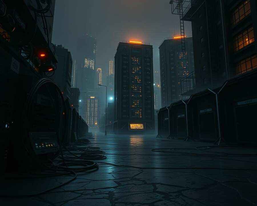 A dark, industrial cityscape at night, illuminated by the ominous glow of servers and network infrastructure. In the foreground, a tangle of cables, blinking lights, and sleek, angular server racks, casting long shadows across the cracked pavement. The middle ground features a towering data center, its façade adorned with a matrix of security cameras and access panels. In the background, a dimly lit skyline of high-rise buildings, their windows casting a sinister amber hue. The scene is shrouded in an eerie mist, creating a sense of foreboding and unease. The lighting is dramatic, with deep shadows and sharp highlights, creating a moody, cyberpunk atmosphere. The overall impression is one of a complex, highly-secured network of malicious infrastructure, hidden in plain sight.