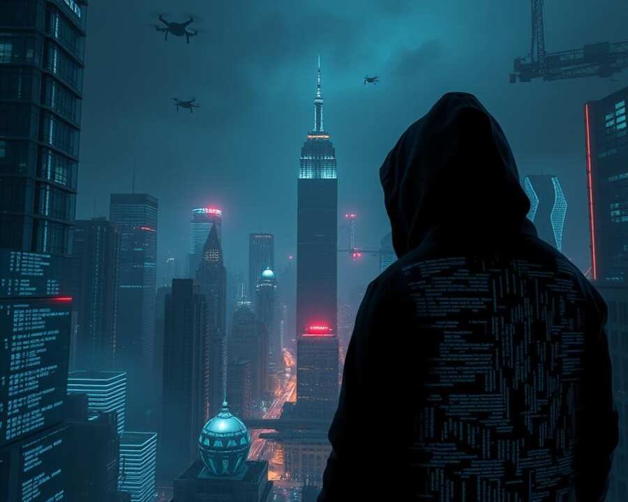 A dark, neon-lit cityscape in the dead of night. In the foreground, a shadowy figure in a hooded cloak, their face obscured, stands before a complex array of holographic displays and digital interfaces. Intricate lines of code cascade across the screens, weaving a tapestry of cyber defense evasion strategies. In the middle ground, towering skyscrapers and gantries loom, their windows glowing with an ethereal, cyberpunk luminescence. The background is a hazy, atmospheric skyline, punctuated by the flashing lights of drones and surveillance systems. An ominous, yet captivating mood pervades the scene, hinting at the technological prowess and shadowy tactics of the COPPER FIELDSTONE hacker group.
