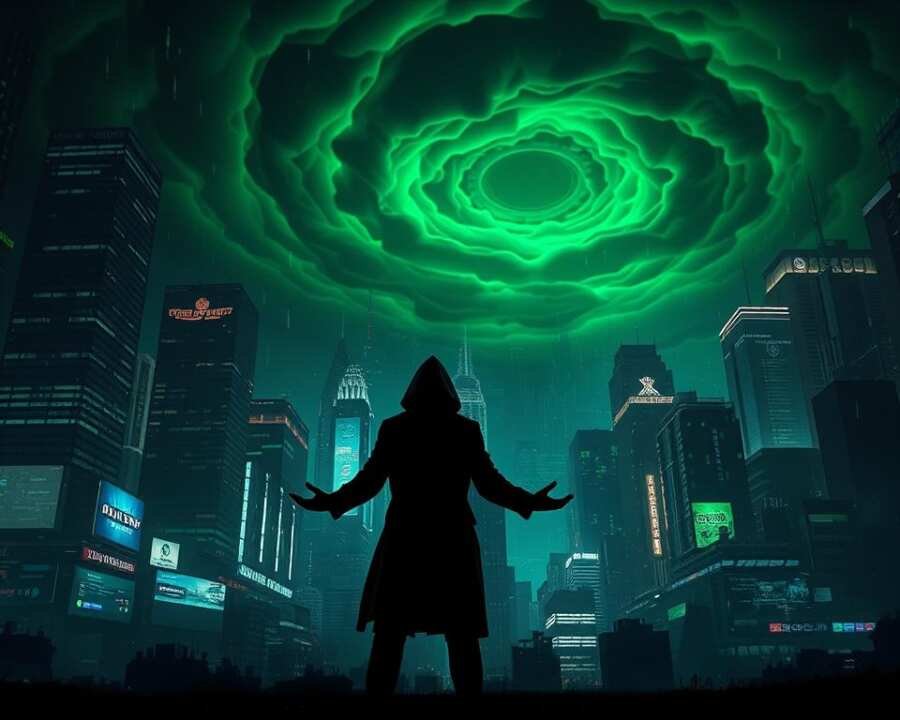 A dark, ominous cityscape at night, illuminated by the glow of neon-lit skyscrapers and the eerie green hue of a massive, swirling storm system overhead. In the foreground, a shadowy figure stands amidst a swarm of digital artifacts and glitching data, their hands outstretched as they manipulate the flow of information. Intricate lines of code and schematics dance around them, hinting at the sophisticated Tactics, Techniques, and Procedures (TTPs) of the Volt Typhoon hacker group. The scene conveys a sense of power, control, and the ever-present threat of cyber attacks from this formidable adversary.