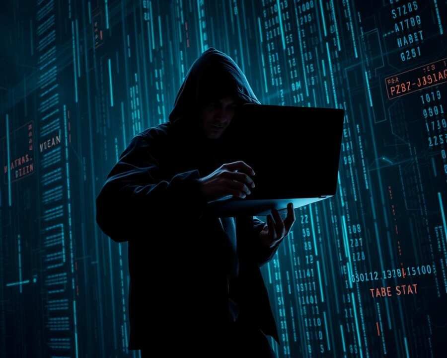 A dark, shadowy figure wielding a laptop, illuminated by the glow of a computer screen, surrounded by a matrix of digital code and data streams. The scene conveys a sense of stealth and infiltration, with the lateral movement of the cyber attack technique evident in the fluid, dynamic composition. The lighting is dramatic, with deep shadows and highlights that accentuate the technical details and the intensity of the moment. The overall mood is one of tension and foreboding, as the viewer is drawn into the intricate world of cyber warfare.