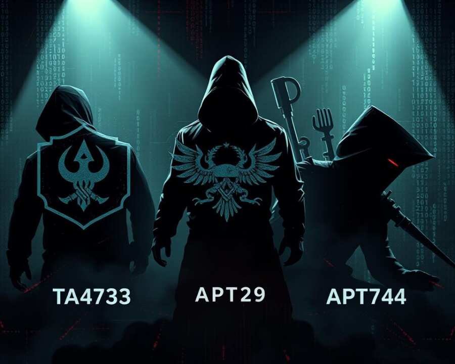 A detailed comparative visualization of three prominent Russian cyber threat actors - the Winter Vivern group (TA473), APT29, and APT44. Rendered in a gritty, high-contrast cyberpunk style, the image depicts the groups' distinct logos, symbols, and silhouettes in the foreground, set against a backdrop of binary code, glitching digital landscapes, and ominous shadows. The lighting is dramatic, with harsh directional illumination casting sharp edges and moody shadows. The overall composition conveys the complexity, interconnectedness, and underlying tensions between these formidable adversaries operating in the shadows of the digital realm.