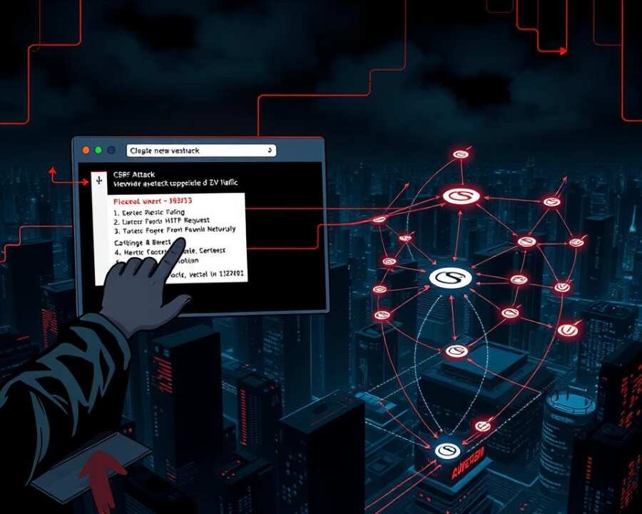 A detailed cybersecurity diagram depicting CSRF attack techniques. In the foreground, a stylized web browser window shows the step-by-by-step process of a CSRF attack, with a hacker's hand manipulating the HTTP requests. In the middle ground, a complex network topology illustrates the attacker's lateral movement, with arrows indicating the flow of malicious traffic. In the background, a dark, ominous cityscape sets the tone of a sophisticated, large-scale operation. The lighting is dramatic, with deep shadows and highlights to emphasize the technical details. The overall mood is one of impending threat and the need for heightened security awareness.
