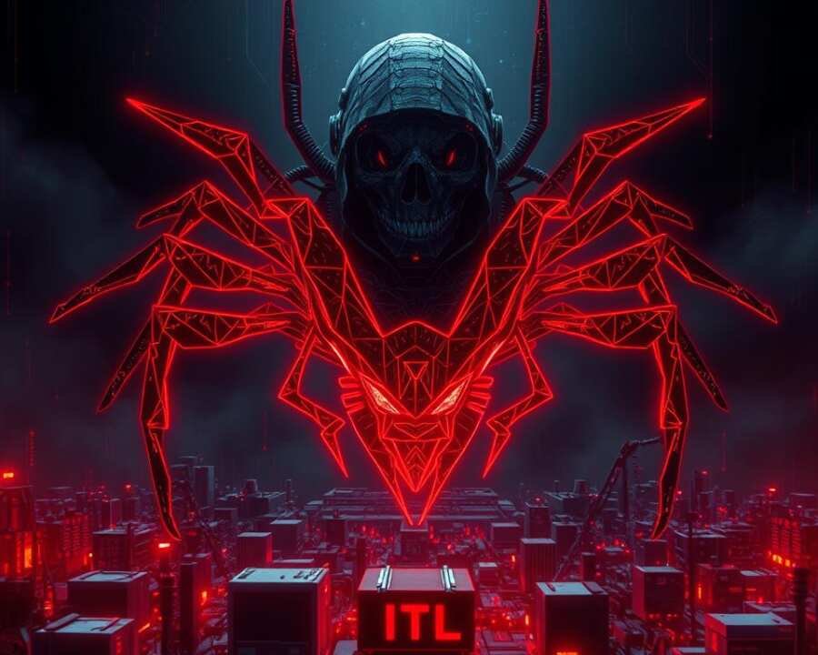 A detailed, high-resolution digital illustration of the "Crimson RAT" malware, prominently displayed against a dark, ominous backdrop. The malware is rendered with intricate, glowing red lines and sharp angles, conveying its malicious nature. In the foreground, the malware's components are visible, showcasing its complex structure and ability to infiltrate systems. The middle ground features a shadowy, technological landscape, hinting at the malware's widespread distribution and impact. The overall atmosphere is one of foreboding and danger, reflecting the severity of this threat faced by cybersecurity professionals.