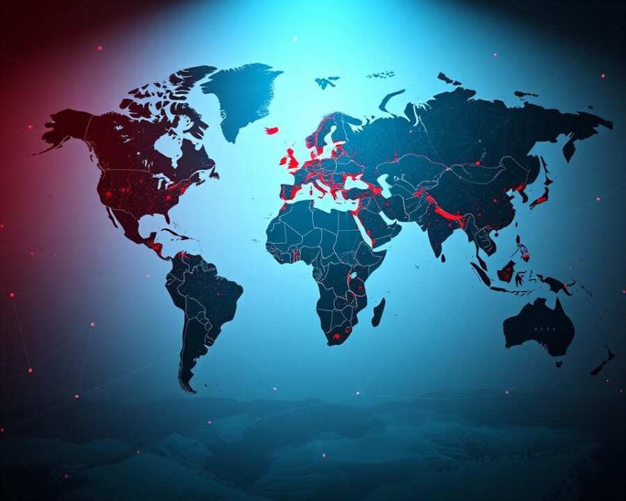 A detailed map of the world, with various regions highlighted in different colors, depicting patterns of geographical targeting by a hacker group. The map is illuminated by a soft, directional light, creating depth and dimensionality. In the foreground, a series of interconnected nodes and lines suggest the flow of data and the web of connections exploited by the hackers. The middle ground features various national borders and landmarks, while the background showcases a subtle, textured landscape, conveying a sense of the global scale of the cyber attacks. The overall mood is one of precision, strategy, and the intricate web of vulnerabilities that can be exploited in the digital age.