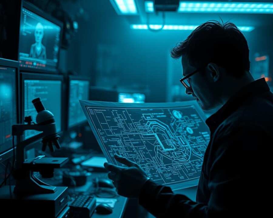 A dimly lit cybersecurity lab, filled with the glow of computer screens and the hum of machinery. In the foreground, an analyst intently examines a complex diagram, tracing the intricate pathways of a zero-day vulnerability. The middle ground features various tools and equipment, including a high-powered microscope and a tangle of cables, suggesting a thorough investigation. The background is shrouded in a haze of mystery, hinting at the broader implications of this discovery. The scene conveys a sense of urgency and concentration, as the analyst works to unravel the secrets of this elusive security flaw.