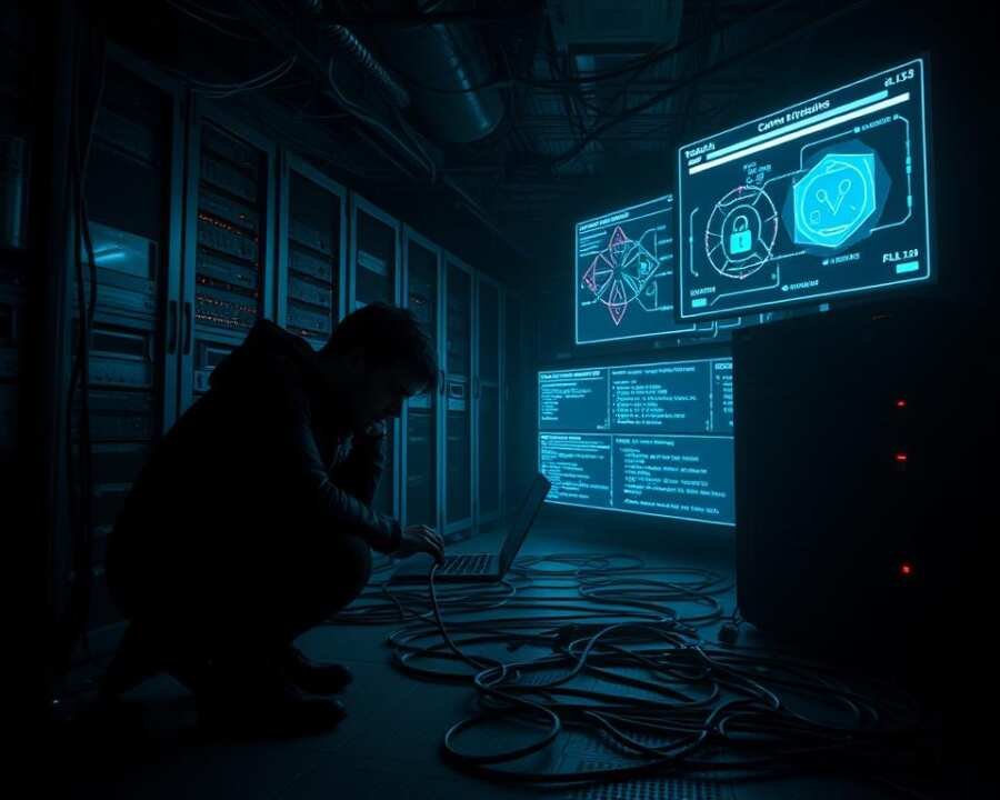 A dimly lit data center, servers and network appliances arranged in a complex web. Cables snake across the floor, casting eerie shadows. In the foreground, a figure hunched over a laptop, lines of code reflected in their eyes. Holographic displays flicker, revealing network schematics and vulnerability indicators. The atmosphere is tense, a sense of foreboding as the Velvet Ant group probes for weaknesses, their tactics evolving to exploit the latest network appliance vulnerabilities. Dramatic chiaroscuro lighting, high-contrast shadows, a moody, cinematic feel.