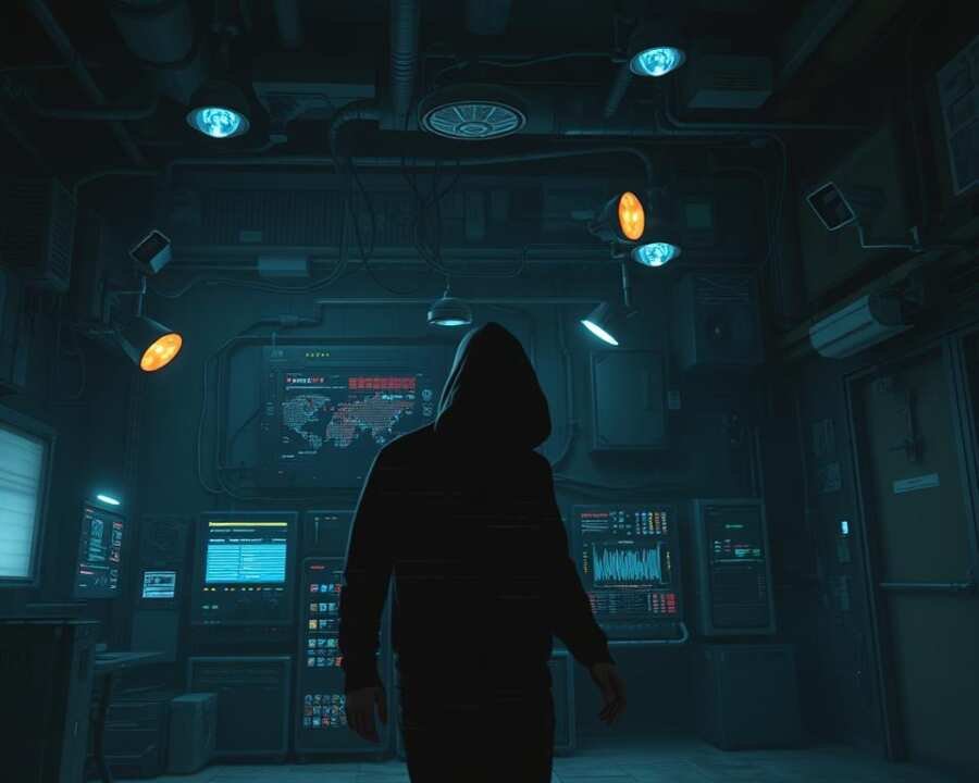 A dimly lit, industrial setting with a network of interconnected surveillance cameras and motion detectors. In the foreground, a hooded figure moves stealthily, their movements disrupting the camera feeds, creating visual glitches and distortions. The middle ground features a complex array of security panels, blinking lights, and an array of high-tech monitoring equipment. The background is shrouded in shadows, hinting at the presence of additional security measures. The overall atmosphere is tense, with a sense of unease and the feeling of a cat-and-mouse game between the figure and the detection systems.