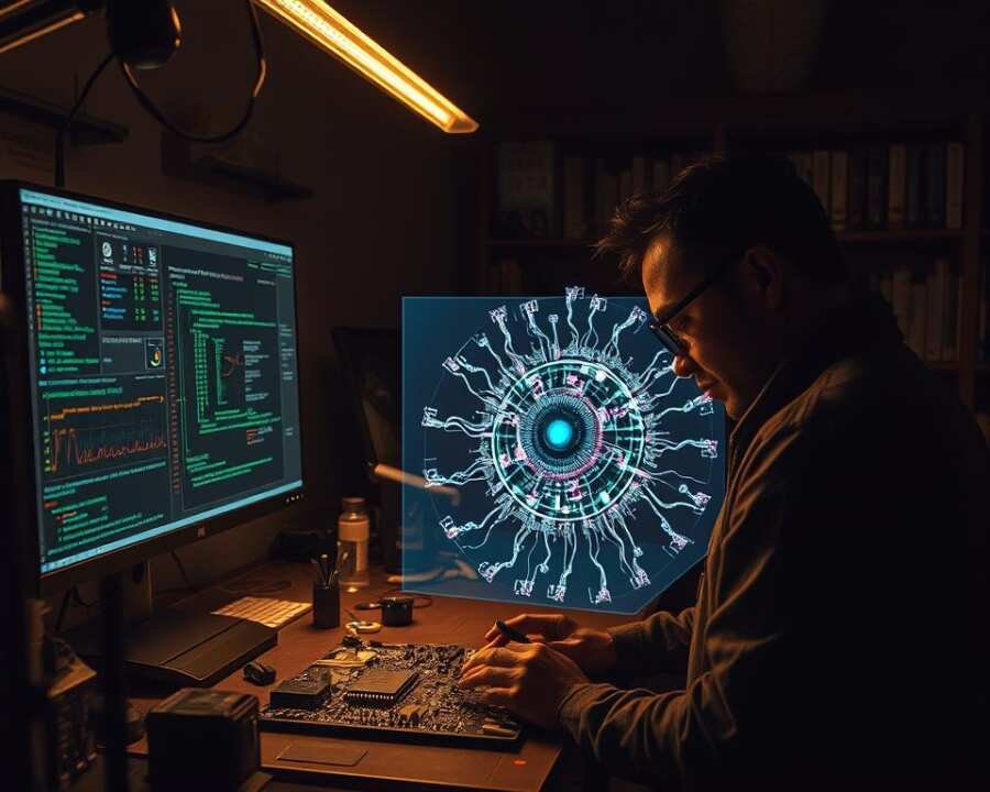 A dimly lit laboratory workspace, with a sleek, modern computer monitor displaying complex malware analysis visualizations. In the foreground, a shadowy figure examines a circuit board, magnifying glass in hand, surrounded by an array of specialized tools and instruments. The middle ground features a 3D holographic model of a malware specimen, its intricate structure pulsing with energy. In the background, shelves of reference materials and technical manuals cast an authoritative, academic atmosphere. Overhead, a warm, directional lighting casts dramatic shadows, evoking a sense of focus and intensity. The overall mood is one of sophisticated, technical investigation into the inner workings of a complex, hybrid malware threat.